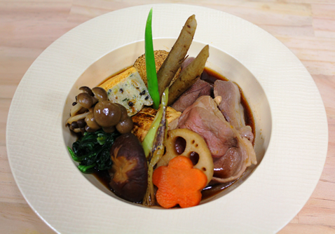 Botan hot pot made with wild boar and unusually shaped vegetables